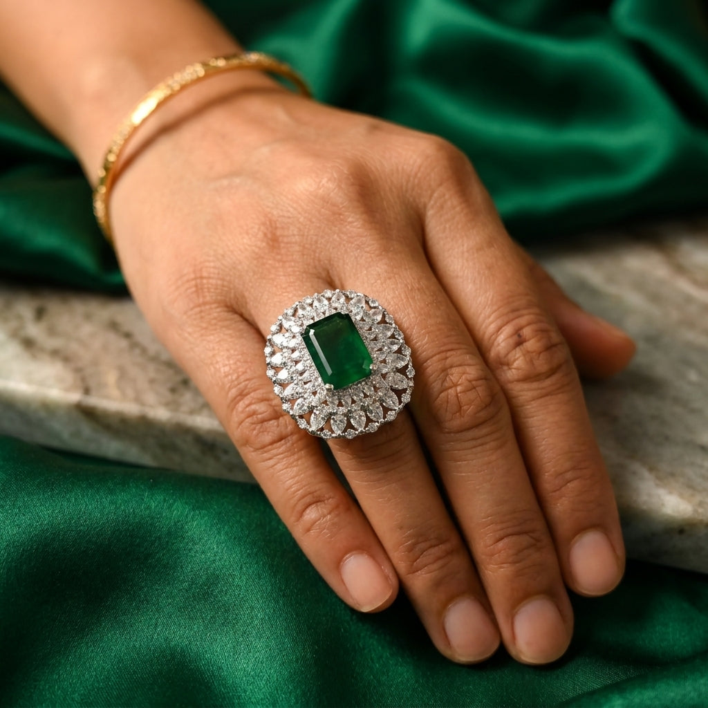 Glamorous Emerald Green CZ Filigree Statement Ring