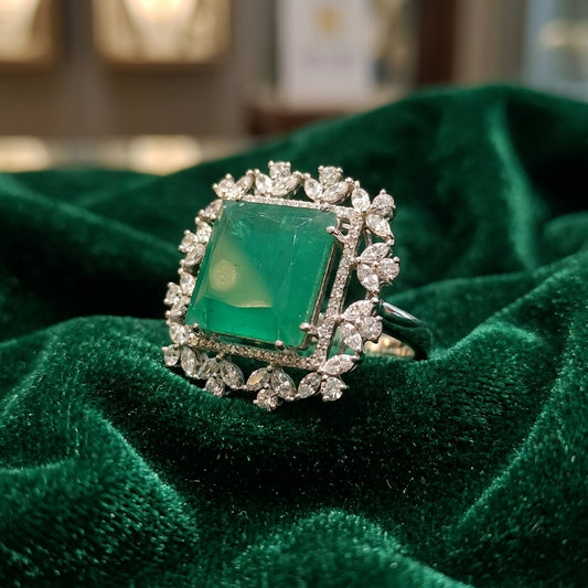 Radiant Square Green Stone Cocktail Ring in Silver Floral Setting