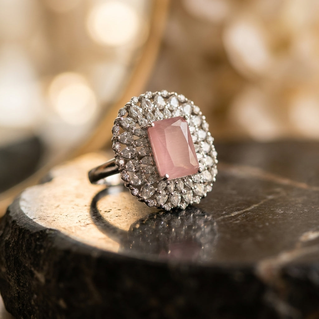 Vintage-Style Pink Stone & Cubic Zirconia Statement Ring