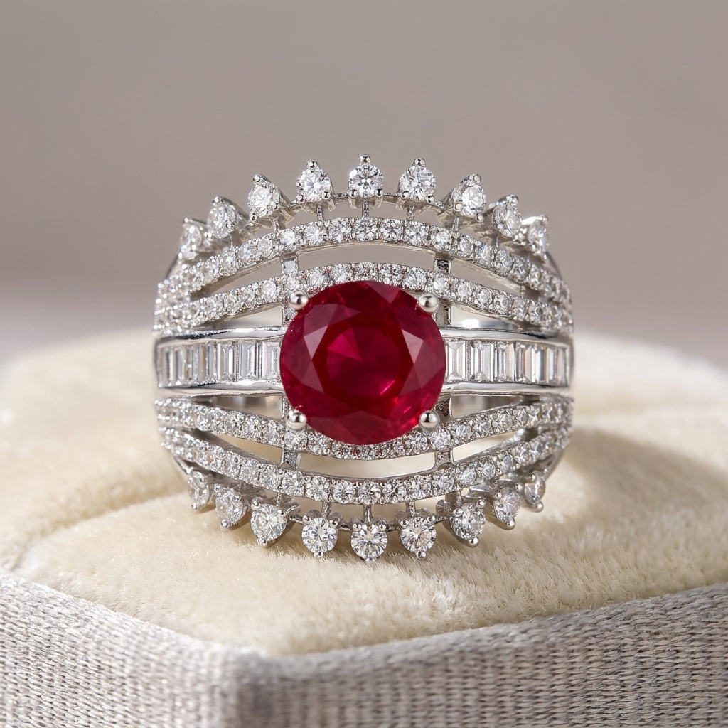 Ruby Red & CZ Silver Statement Ring, Multi-Band Cocktail Jewelry