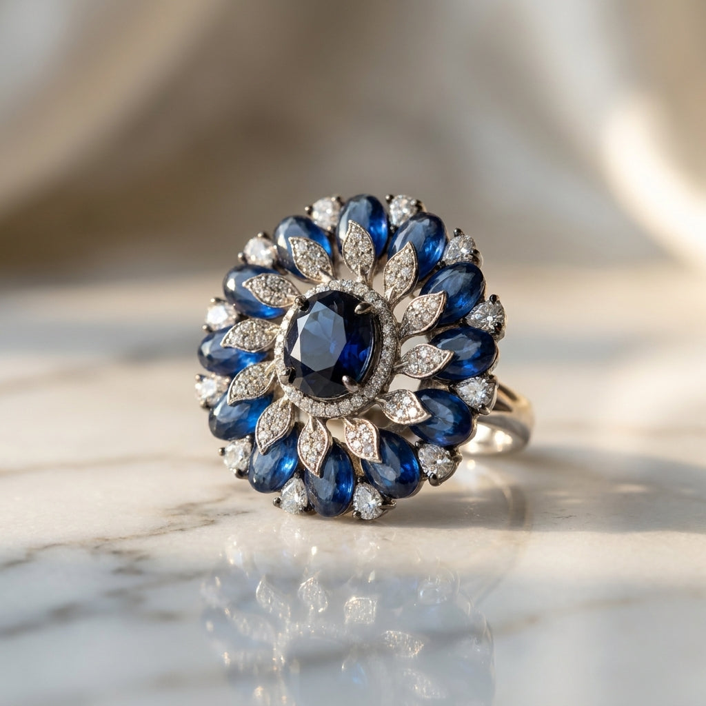 Royal Blue Sunburst Cocktail Ring with Crystal Accents