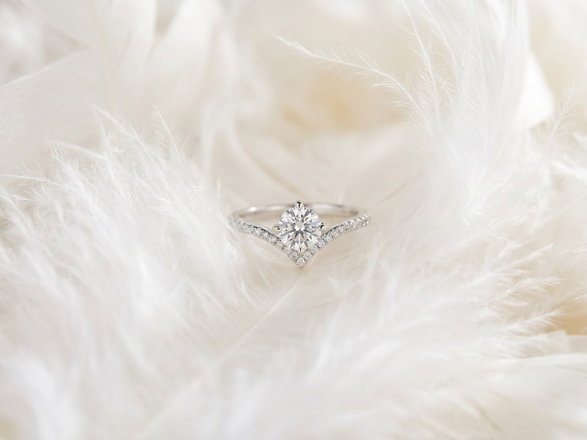 Stunning V-Band Solitaire Ring with Pave Accents