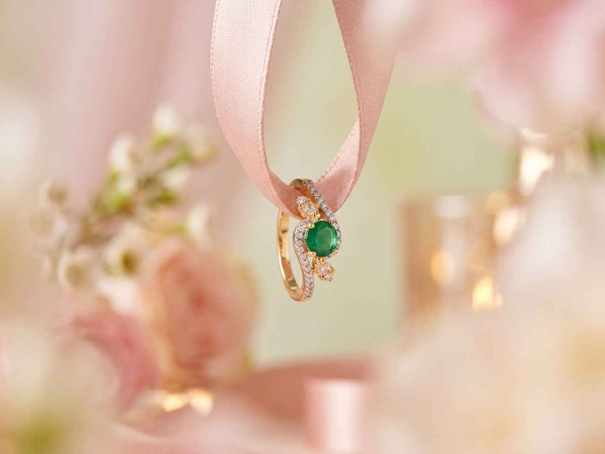 Emerald Green Oval & CZ Swirl Gold Tone Ring