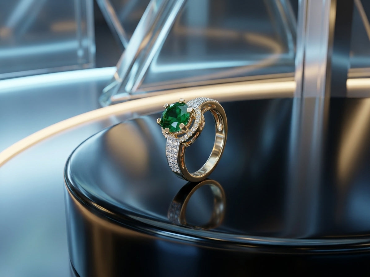 Luxurious Emerald Green CZ Halo Ring in Two-Tone Finish