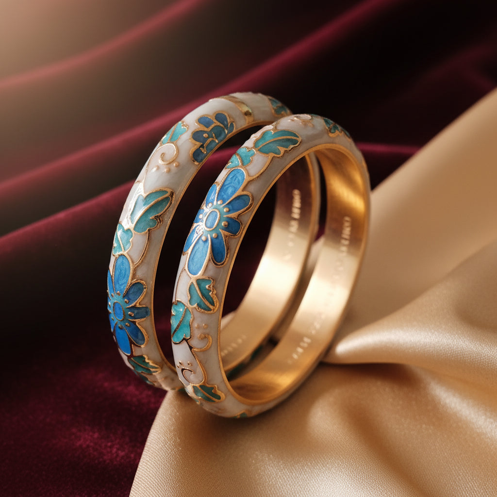 Hand-Painted Blue Floral Cloisonné Bangle Bracelets - Elegant Enamel & Gold Tone Jewelry
