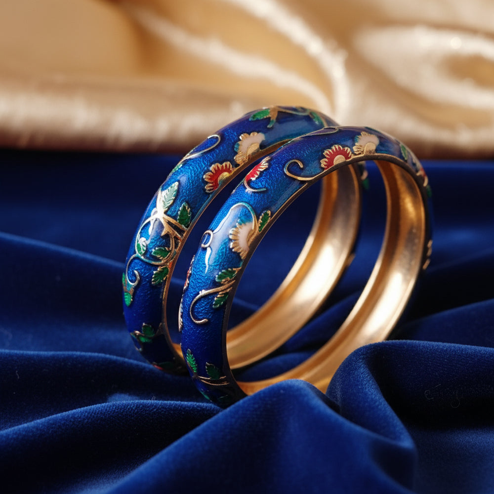 Hand-Painted Blue Cloisonné Bangle Bracelets - Enamel Floral Jewelry Set