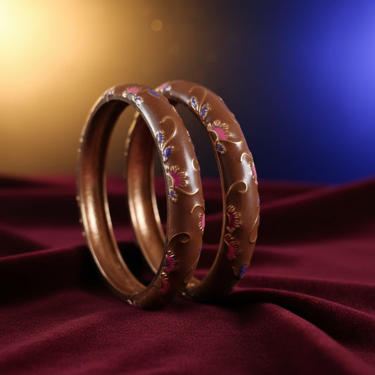 Floral Enamel Gold-Plated Bangles - Elegant Brown & Multicolor Designer Bracelets (Set of 2)