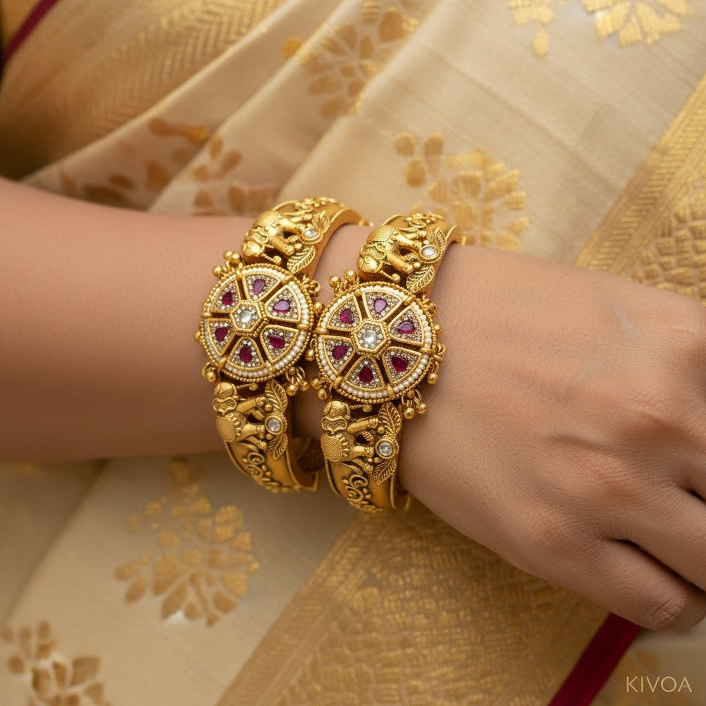 Traditional Gold-Plated Ruby & Pearl Bangle Set - Intricate Temple Jewelry Design