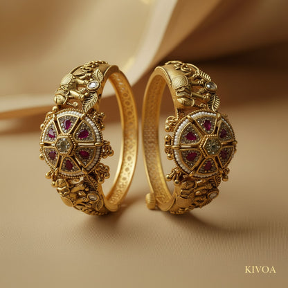 Traditional Gold-Plated Ruby & Pearl Bangle Set - Intricate Temple Jewelry Design