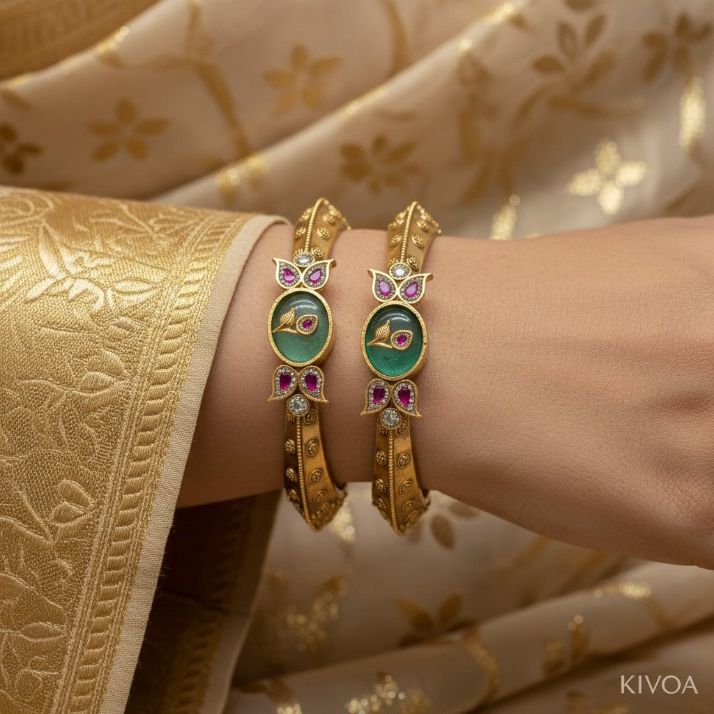 Kivoa Gold-Plated Peacock Bangle with Emerald & Ruby Stones - Traditional Indian Jewelry