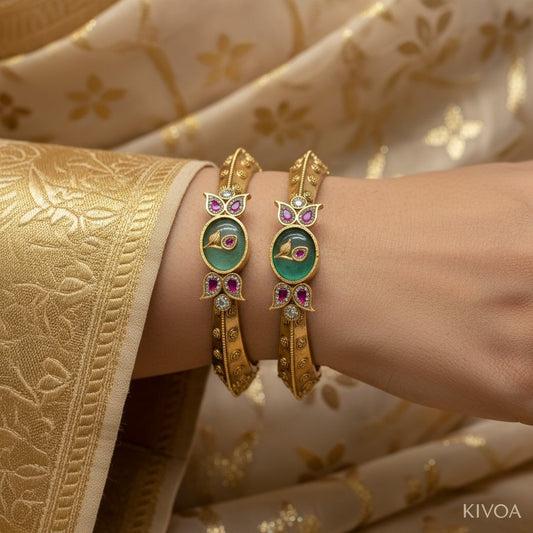 Kivoa Gold-Plated Peacock Bangle with Emerald & Ruby Stones - Traditional Indian Jewelry
