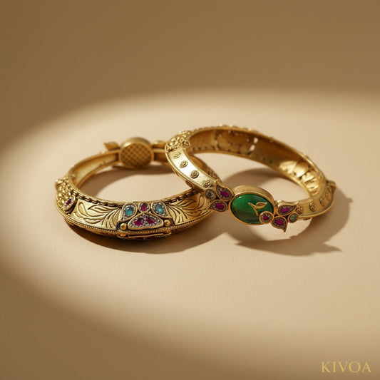 Kivoa Gold-Plated Peacock Bangle with Emerald & Ruby Stones - Traditional Indian Jewelry