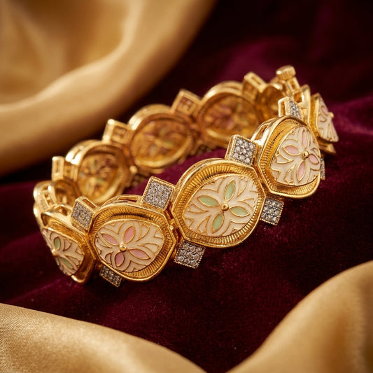 Gold Enamel & CZ Floral Statement Bangle Bracelet