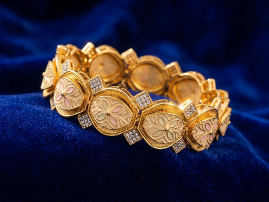 Gold Enamel & CZ Floral Statement Bangle Bracelet