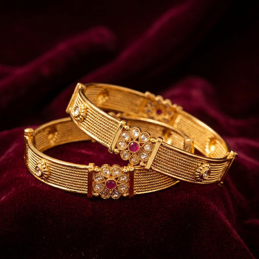 Gold Plated Ruby Floral Cluster Cuff Bangles with Twisted Wire Design
