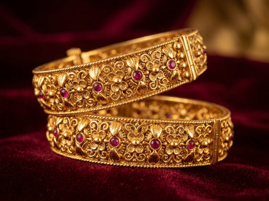 Antique Gold Floral Bangles with Ruby Accents