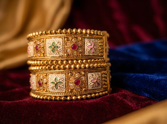 Opulent Gold-Plated Enamel & Kundan Floral Bangles