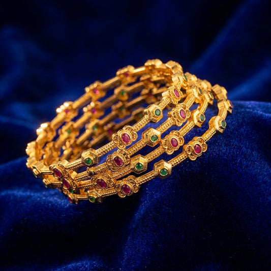 Traditional Gold Plated Ruby & Emerald Stone Bangles Set (4pc)