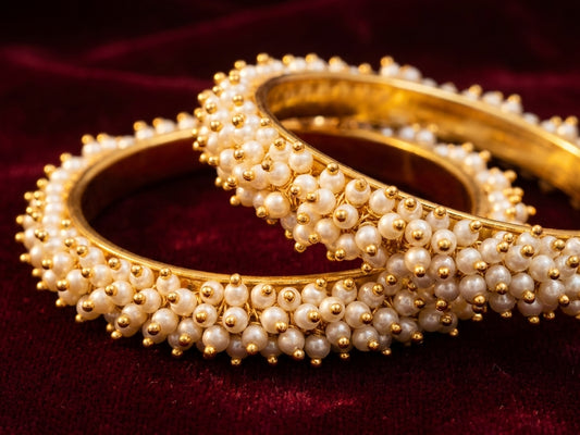 Gold Tone Bangles with Intricate Seed Pearl Clusters