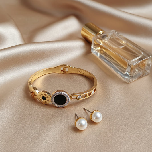 Elegant Gold Plated Bracelet & Pearl Stud Earrings Set - Dainty Jewelry Gift for Her