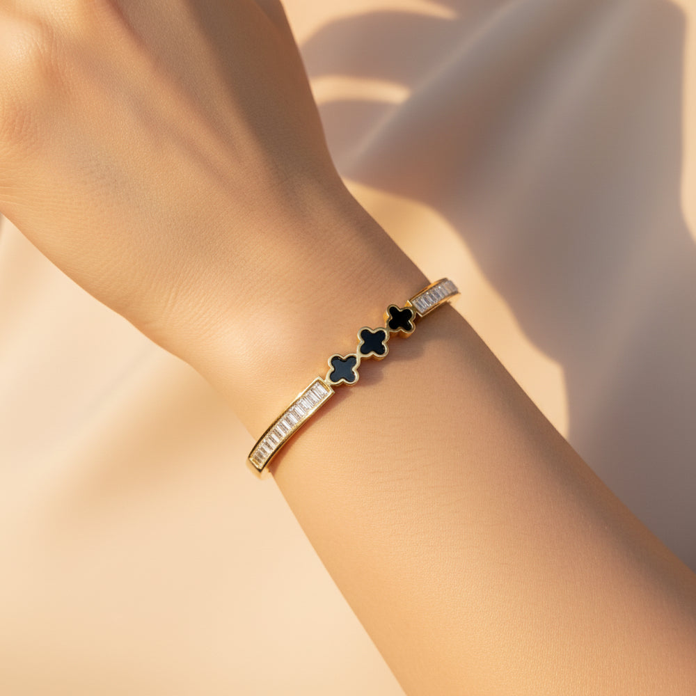 Gold Plated Clover & Crystal Cuff Bracelet - Elegant Adjustable Bangle for Women