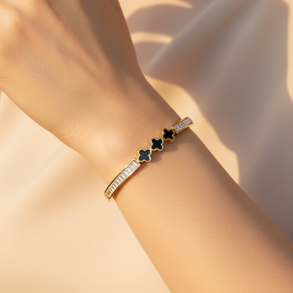 Gold Plated Clover & Crystal Cuff Bracelet - Elegant Adjustable Bangle for Women