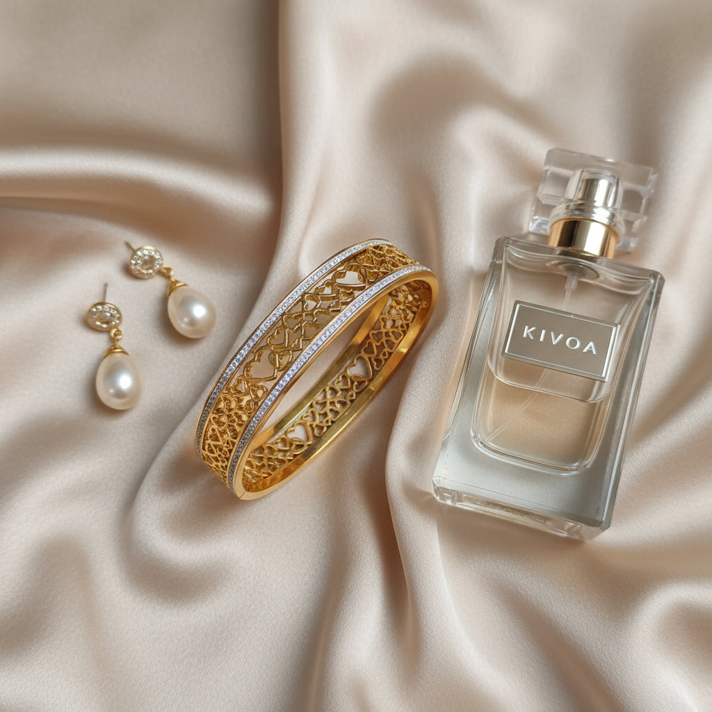 KIVOA Gold-Plated Bangle & Pearl Earring Set with Signature Fragrance - Elegant Gift for Her