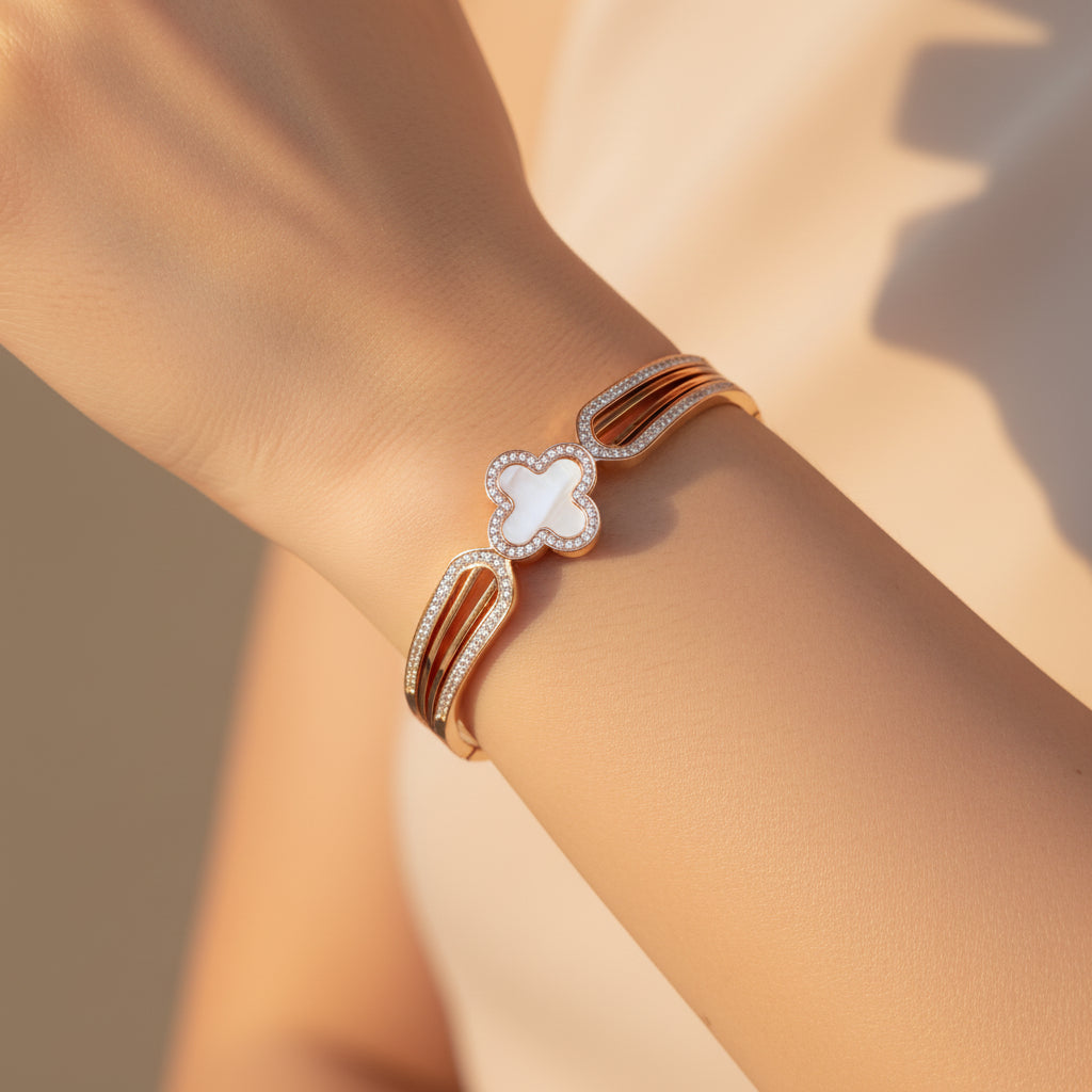 Rose Gold Clover Bracelet with Diamond Accents - Elegant Bangle for Women