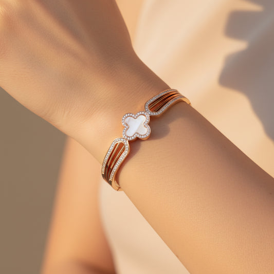 Rose Gold Clover Bracelet with Diamond Accents - Elegant Bangle for Women