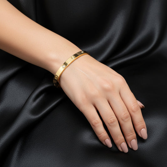 Gold Plated Screw Motif Bangle Bracelet with CZ Accents