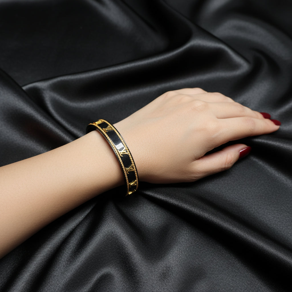 Elegant Black & Gold Designer Bracelet - Luxury Enamel Bangle for Women
