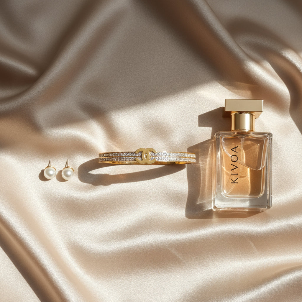 KIVOA Eau de Parfum & Gold Bracelet Set with Pearl Earrings - Luxury Fragrance & Jewelry