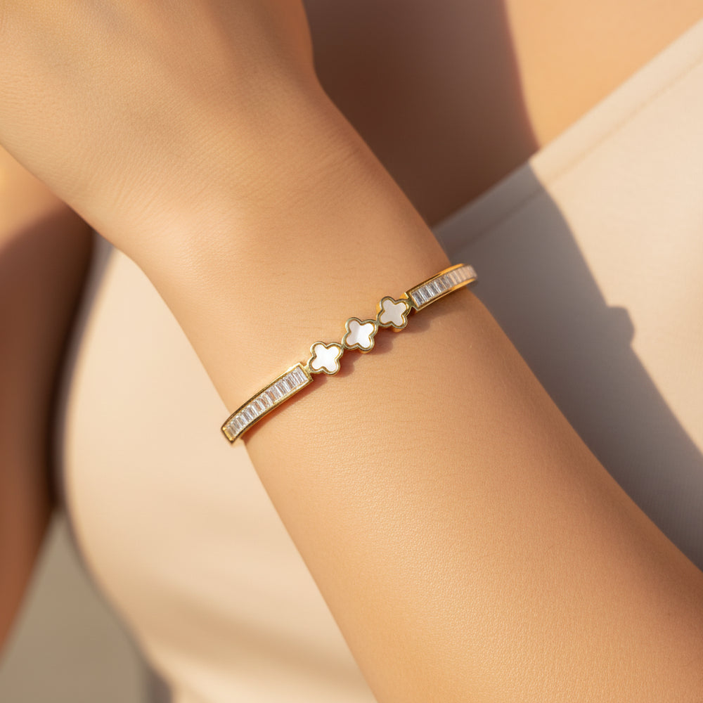 Elegant Clover & Baguette Diamond Gold Bangle Bracelet - Mother of Pearl Accents