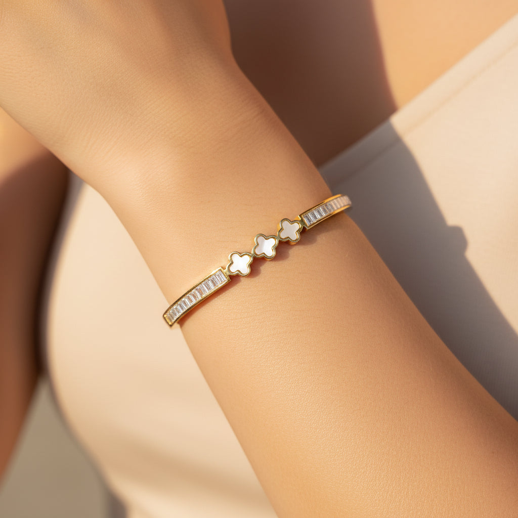 Elegant Clover & Baguette Diamond Gold Bangle Bracelet - Mother of Pearl Accents