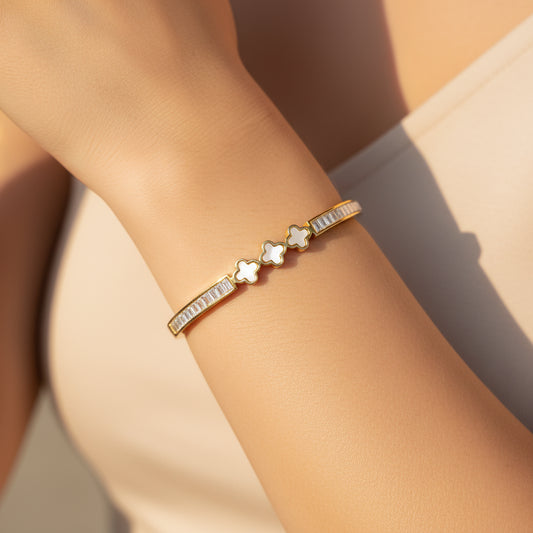 Elegant Clover & Baguette Diamond Gold Bangle Bracelet - Mother of Pearl Accents