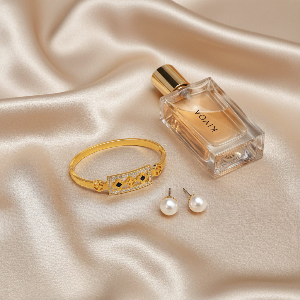 KIVOA Golden Glamour Bracelet & Pearl Earring Set with Fragrance – Elegant Women's Jewelry