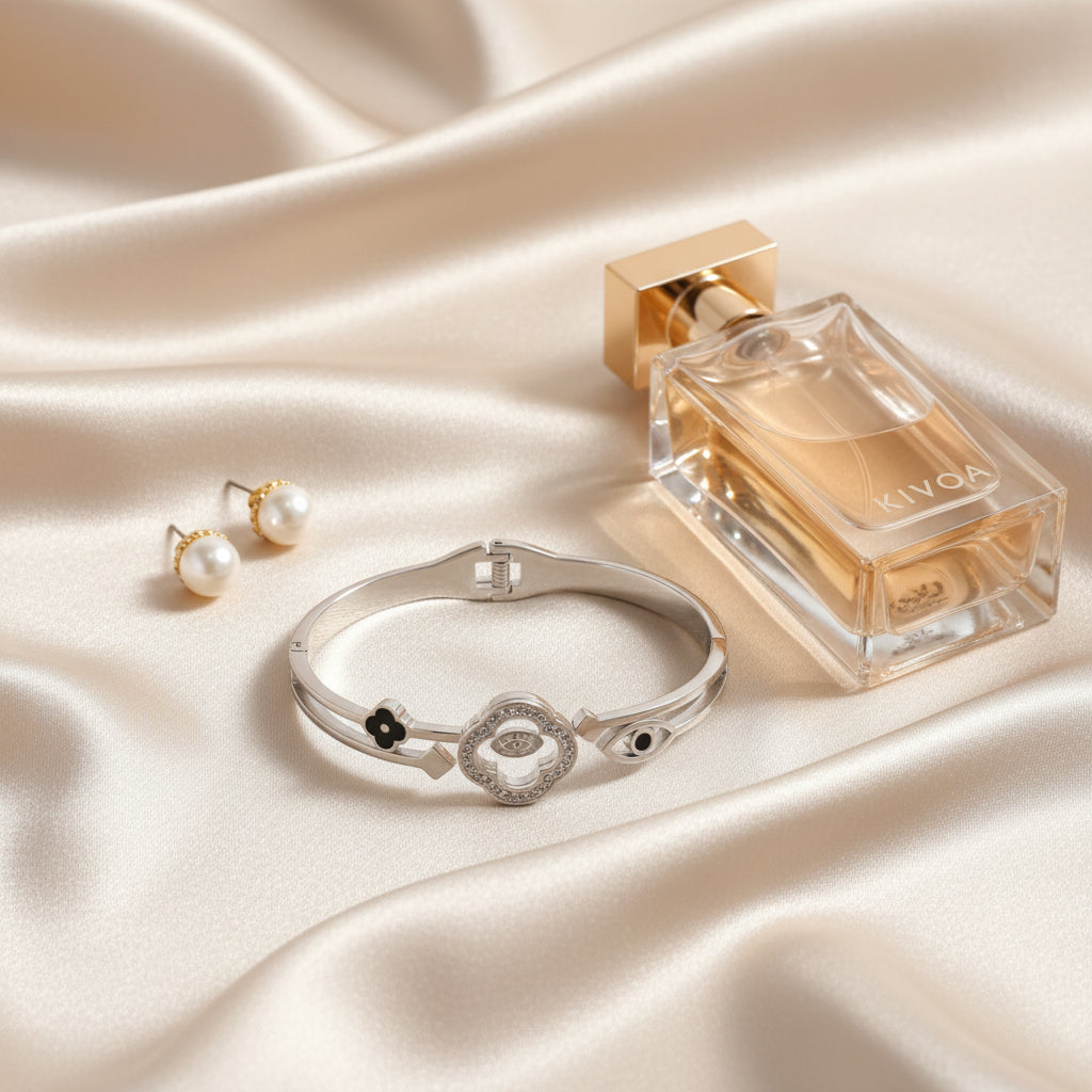 Elegant Silver Clover Bracelet, Pearl Earrings & Luxury Perfume Set - Kivoa Collection