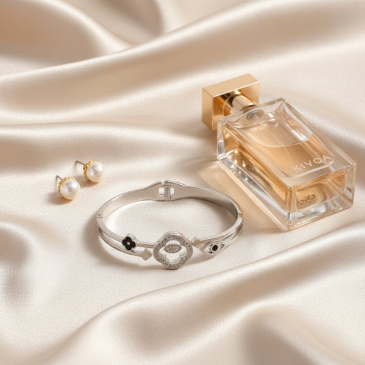 Elegant Silver Clover Bracelet, Pearl Earrings & Luxury Perfume Set - Kivoa Collection