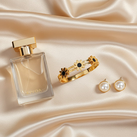 Nivoa Gold Perfume, Floral Bracelet & Pearl Earrings Set - Luxurious Fragrance & Jewelry