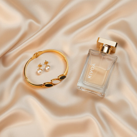 KIVOA Golden Radiance | Elegant Bangle, Pearl Earrings & Perfume Set