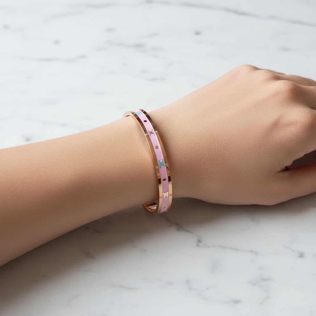 Pink & Gold Enamel Charm Bangle Bracelet - Adjustable Women's Fashion Jewelry