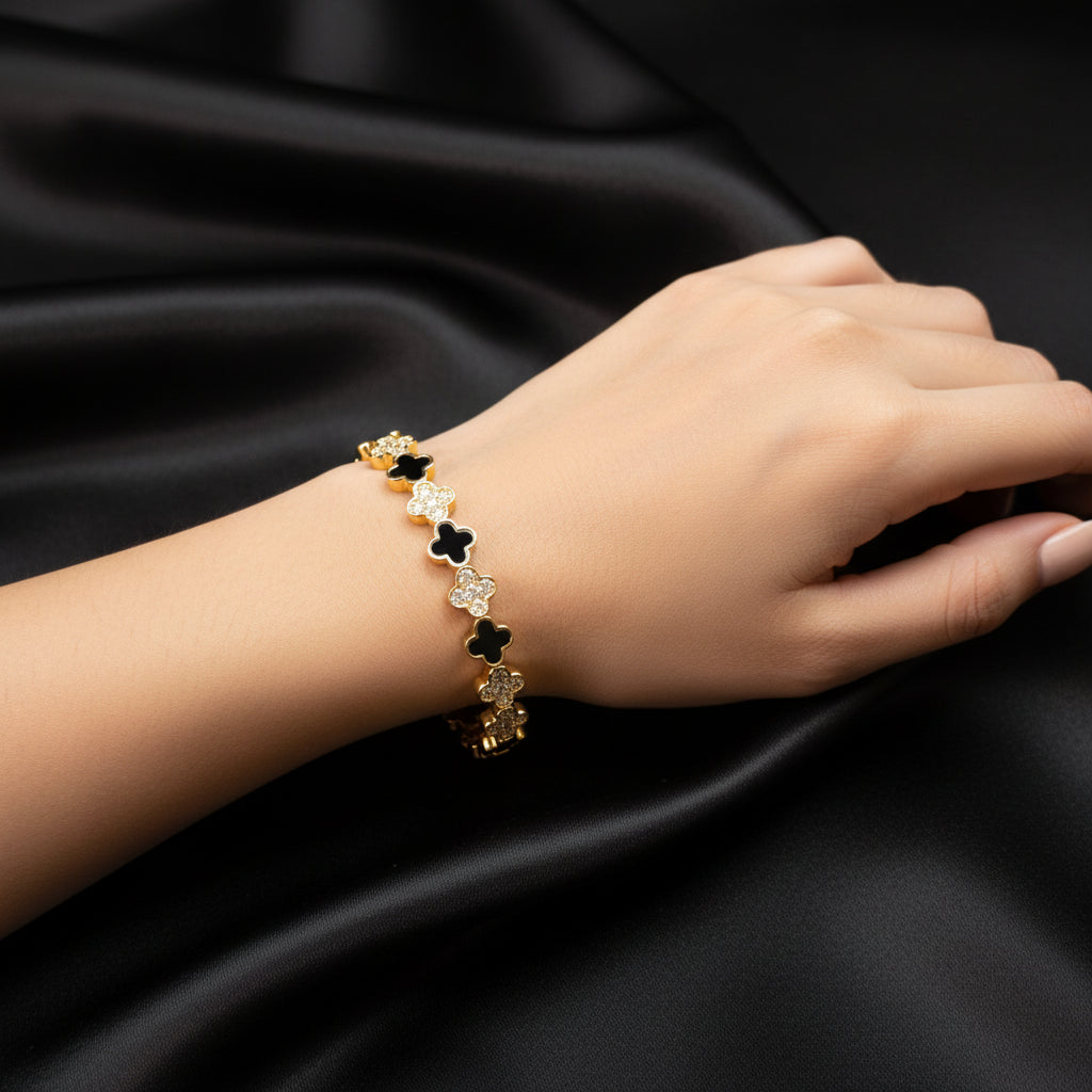 Elegant Gold & Black Clover Bracelet with Crystal Accents - Dainty Everyday Jewelry