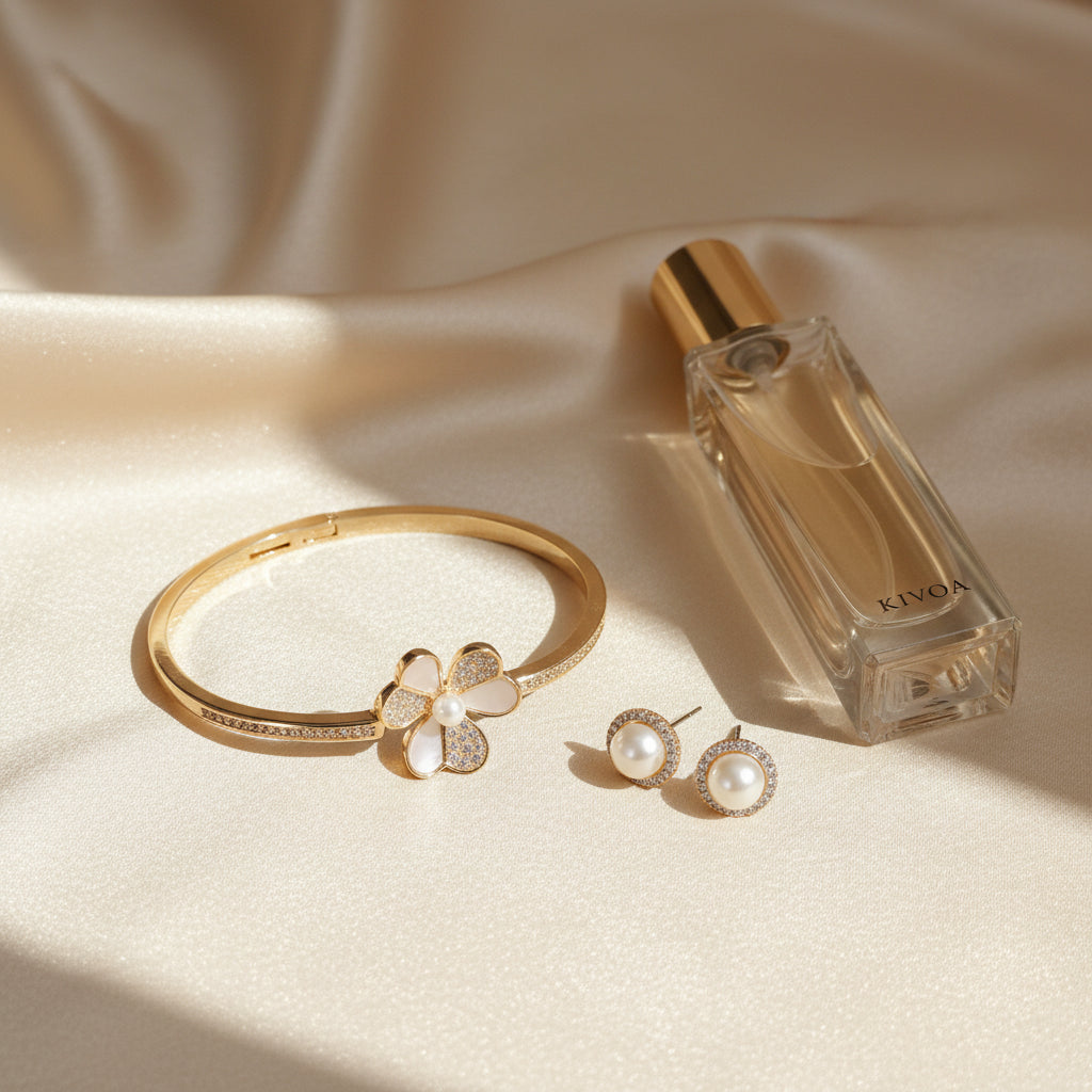 Elegant Pearl & Diamond-Accent Flower Bracelet & Stud Earrings Set with Kivoa Perfume