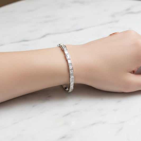 Sleek Silver Tone Geometric Emerald-Cut Style Bracelet