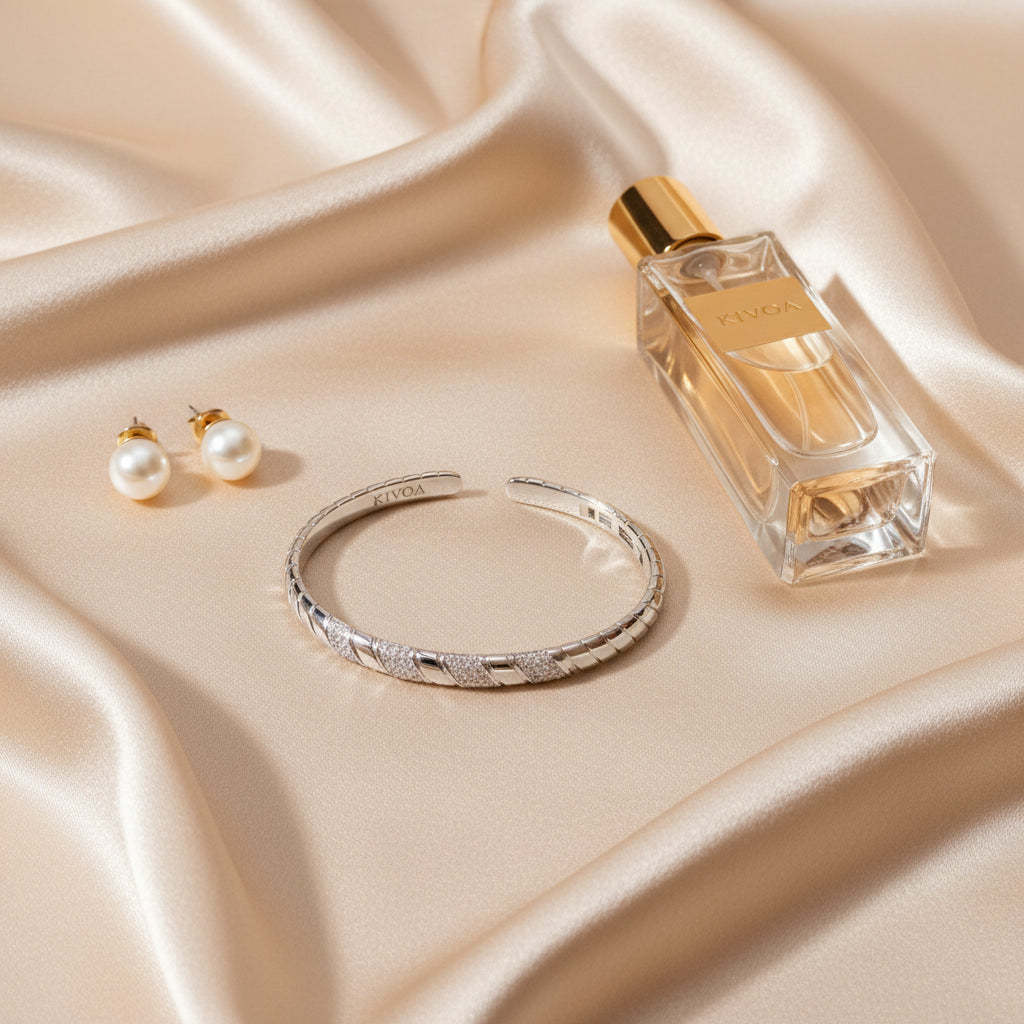 KIVOA Sterling Silver Cuff Bracelet, Pearl Earrings & Perfume Set - Elegant Women's Jewelry & Fragrance