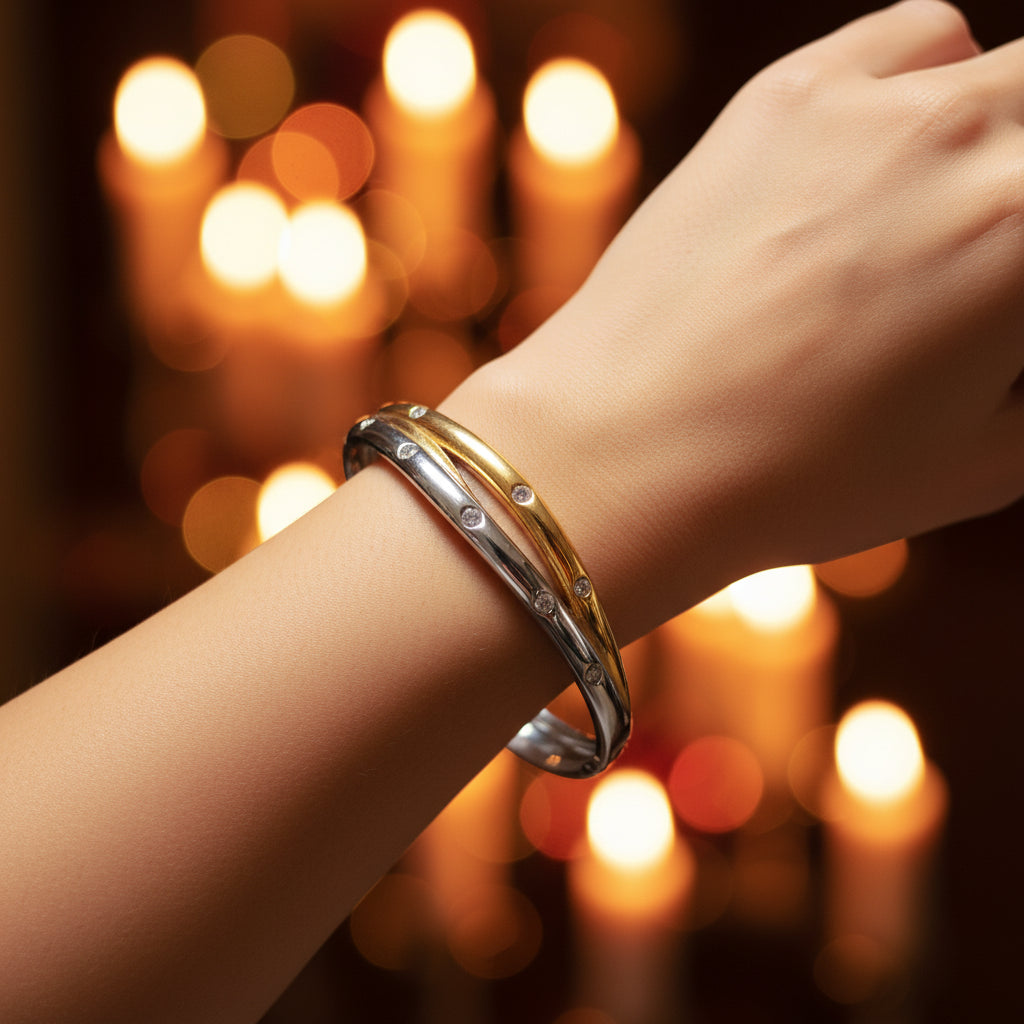 Elegant Two-Tone Diamond-Accented Interlocking Bangle Bracelet