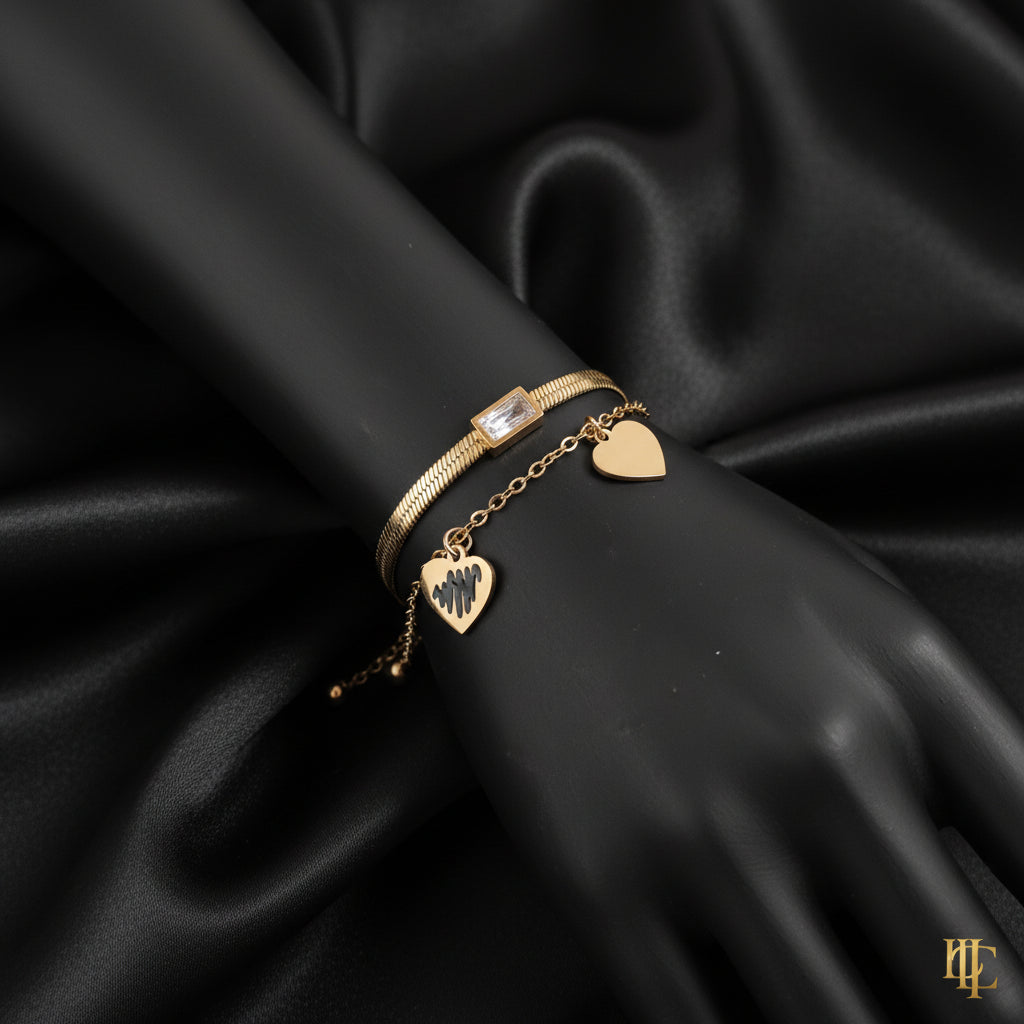 Elegant Gold-Plated Heart & Snake Chain Bracelet Set - Adjustable Sparkle