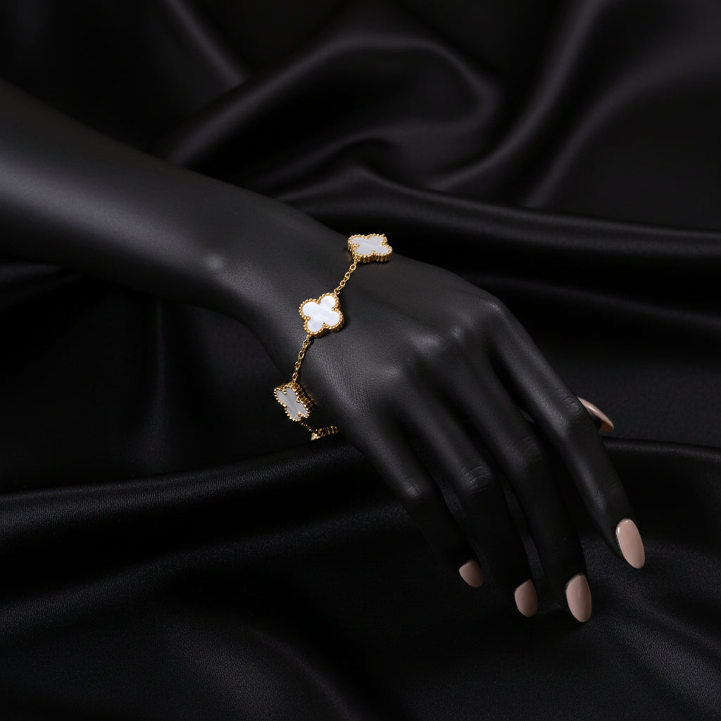 Elegant Gold-Plated Clover Bracelet with Mother of Pearl Inlay - Adjustable & Hypoallergenic