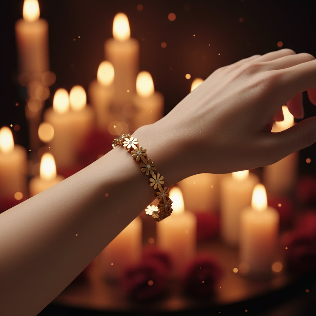 Gold Daisy Chain Bracelet with Crystal Accents - Dainty Floral Jewelry for Women