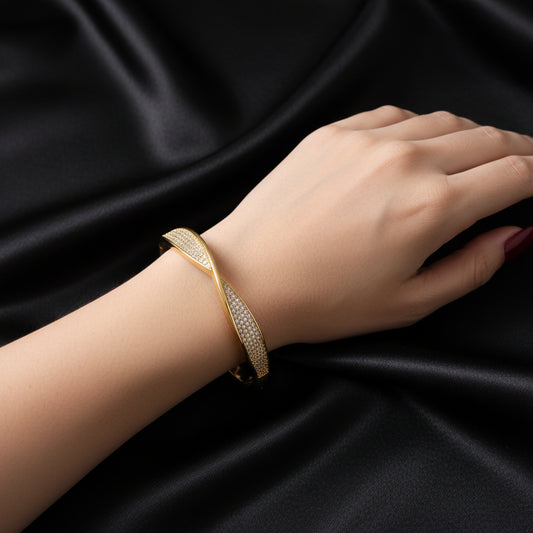 Elegant Gold Plated CZ Pave Twist Bangle Bracelet - Sparkling Women's Fashion Jewelry